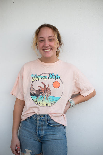 Gypsy Life Surf Shop - Cropped Ringspun Tee - Ferngully Beach/Palms - Shell Pink