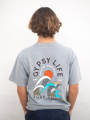 Gypsy Life Surf Shop - Men's Dyed Ringspun Tee - Campari Waves - Gray