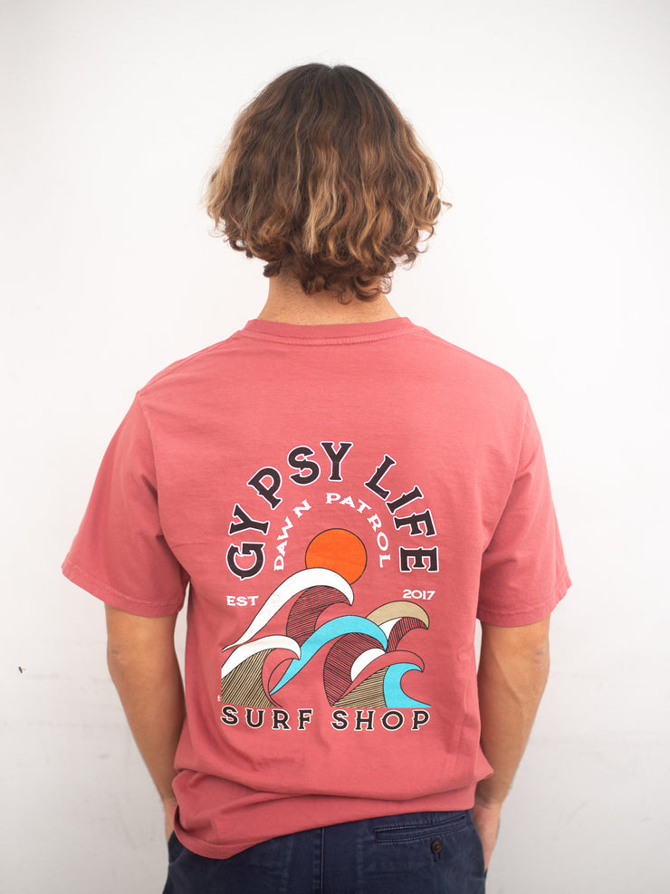 Gypsy Life Surf Shop - Men's Dyed Ringspun Tee - Campari Waves - Red