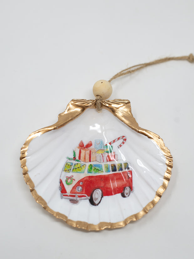 VW Bus With Presents Shell Ornament - Red