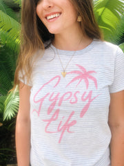 Gypsy Life Surf Shop - Pink Palm Steeze - Short Sleeve Tee - Light Grey Classic Stripe