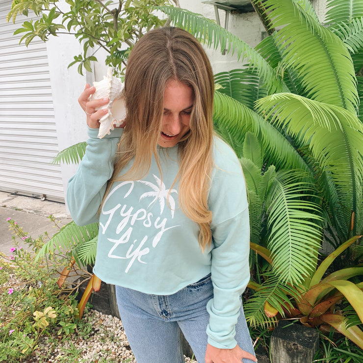 Gypsy Life Surf Shop - Palm Steeze - Cropped Crew Neck - Dusty Blue