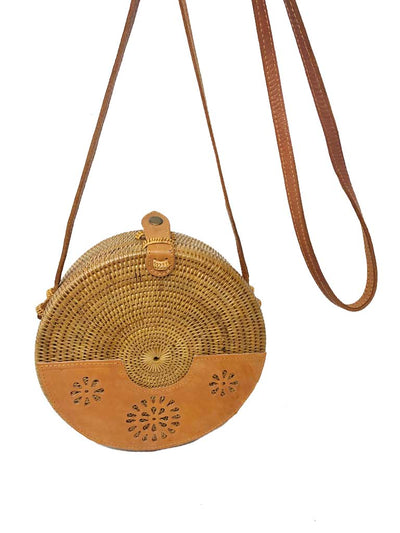 Round Rattan Bag with Leather Detail