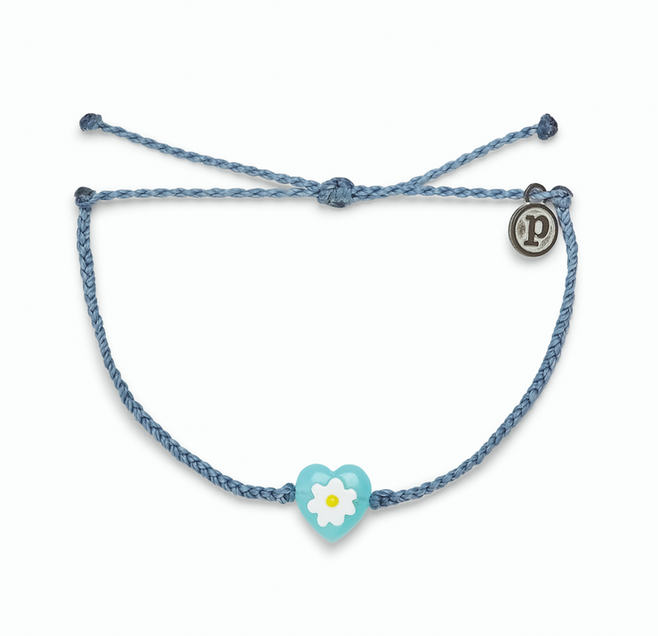 Daisy Heart Bead Charm Bracelet - Blue Steel