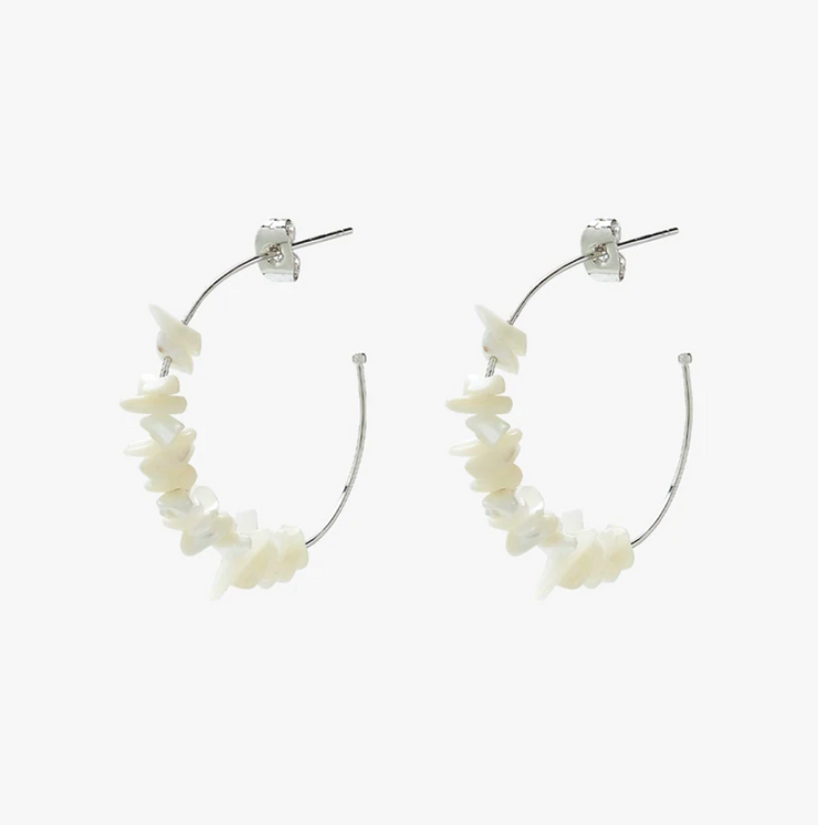 Mother Of Pearl Chip Hoop Earrings - Silver