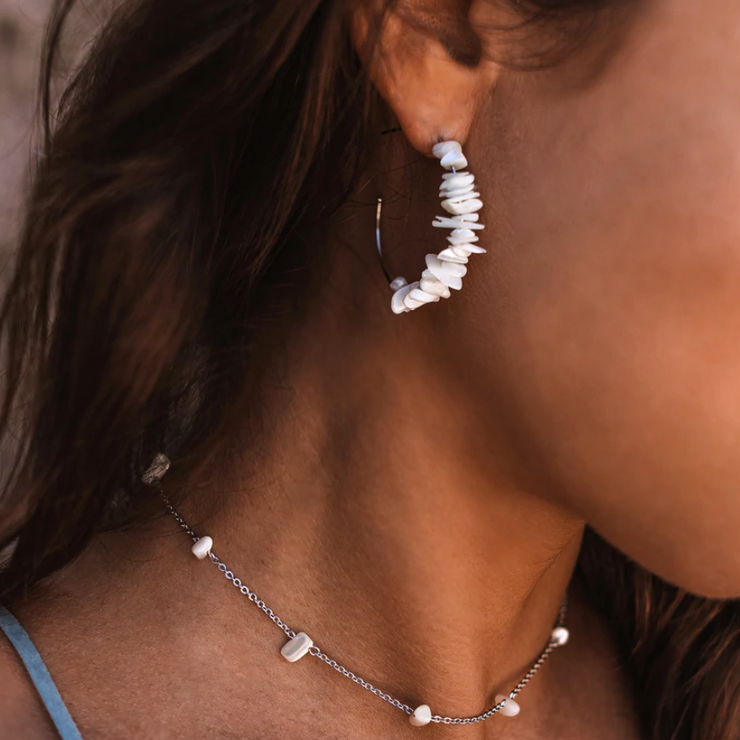 Mother Of Pearl Chip Hoop Earrings - Silver