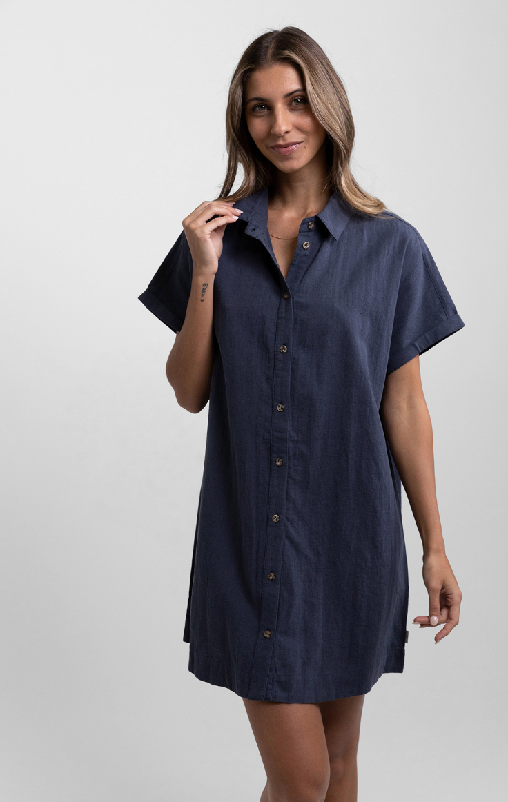 Classic Linen Shirt Dress - Worn Navy