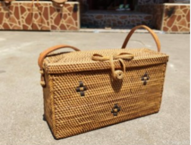 Rectangular Rattan Bag with Flowers