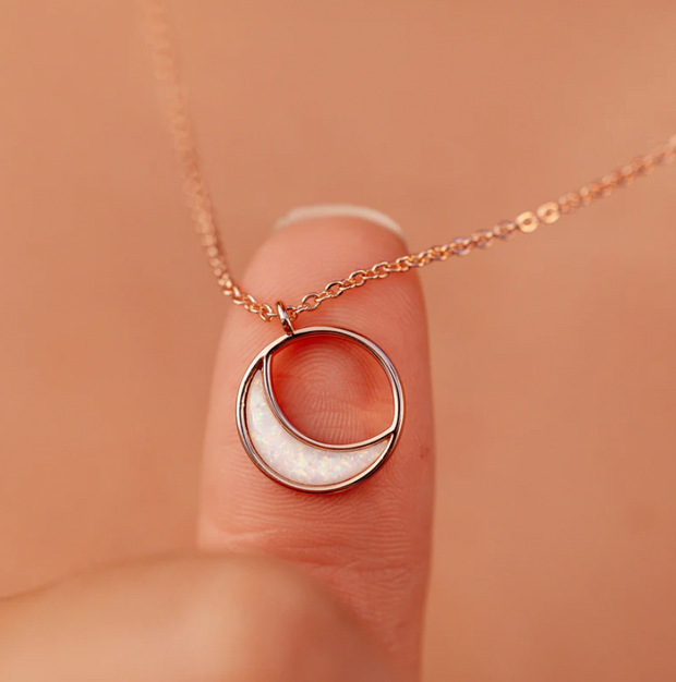Opal Crescent Charm Necklace - Rose Gold