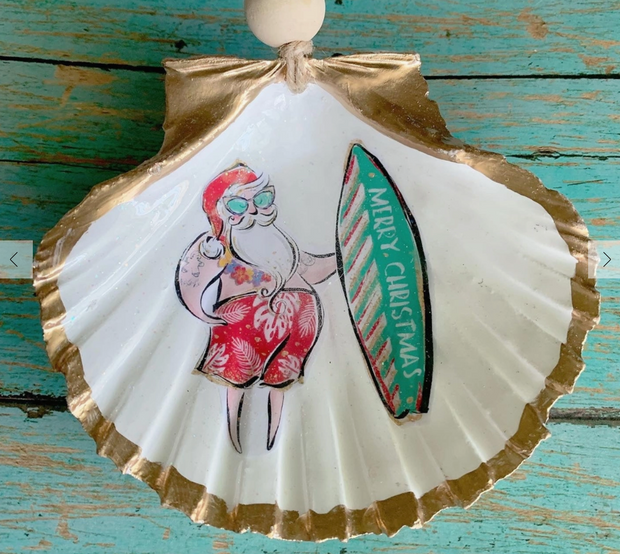 Surfing Santa Shell Ornament