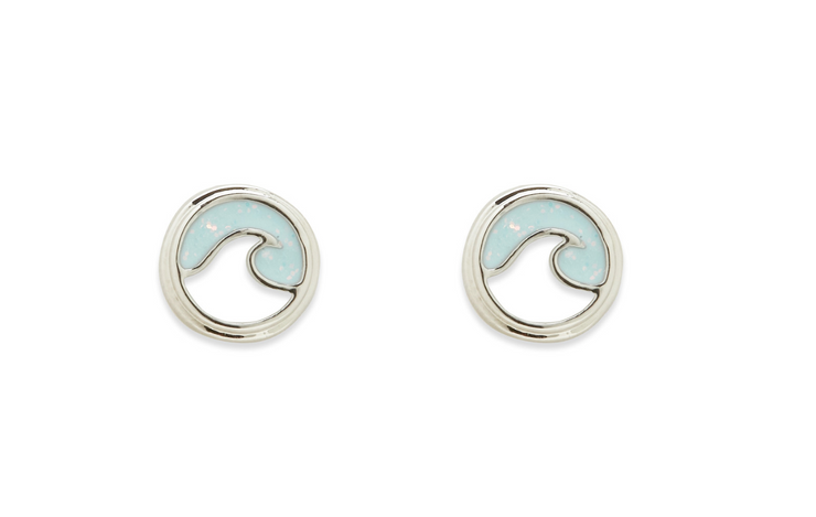 Opal Enamel Wave Stud Earrings - Silver
