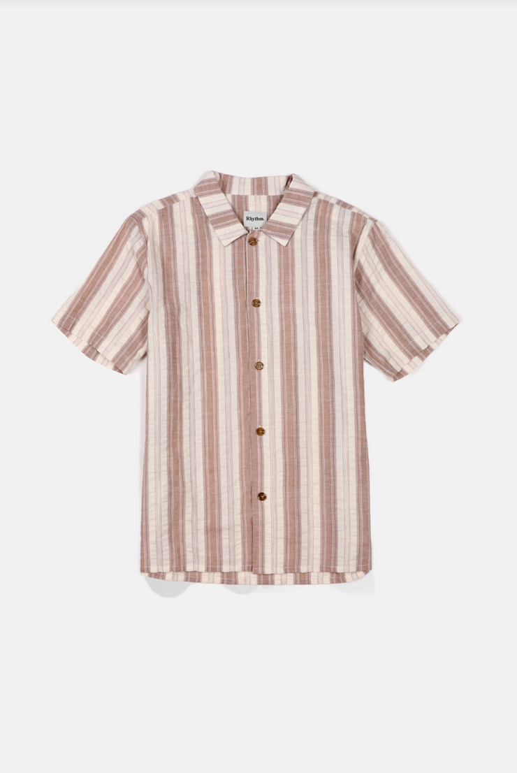 Seersucker Striped Short Sleeve Shirt - Brown
