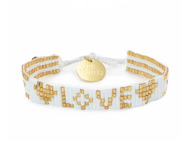 Seed Bead LOVE with Hearts Bracelet - White and Gold