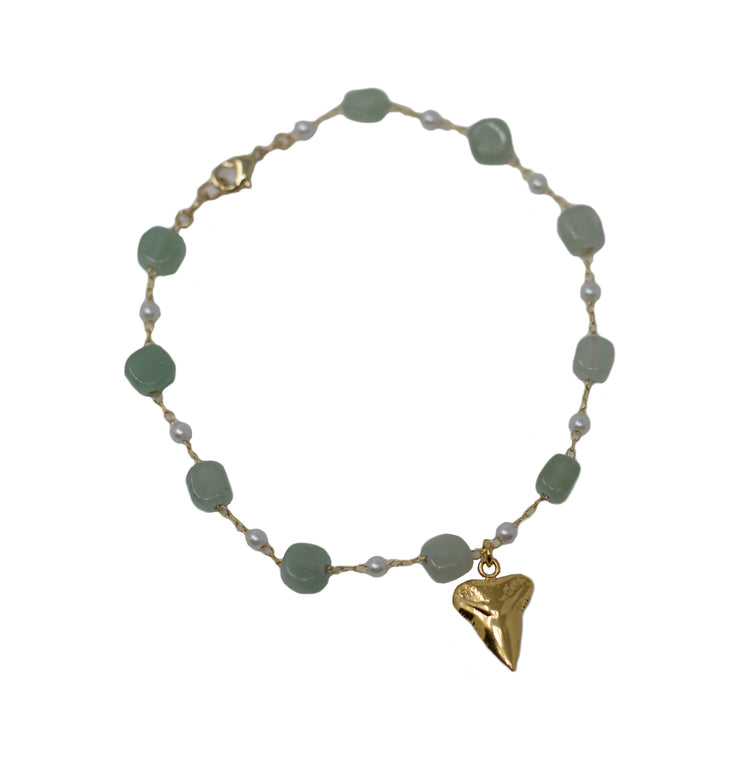 Gypsy Shark Tooth Anklet with Stone and Pearl Chain