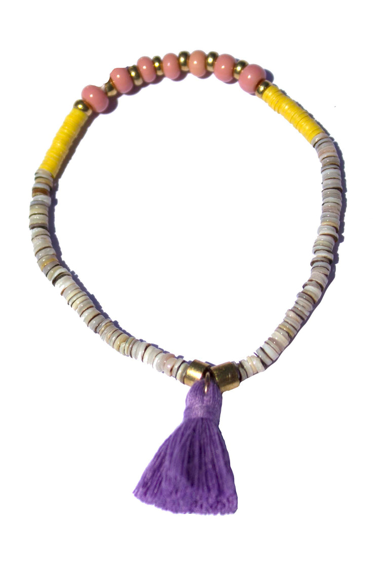 Yellow, Pink, and Grey with Purple Tassel Beaded Bracelet