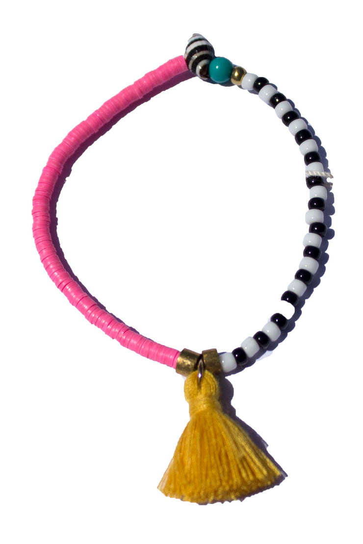Beaded Bracelet - Pink, Black, and White with Marigold Tassel