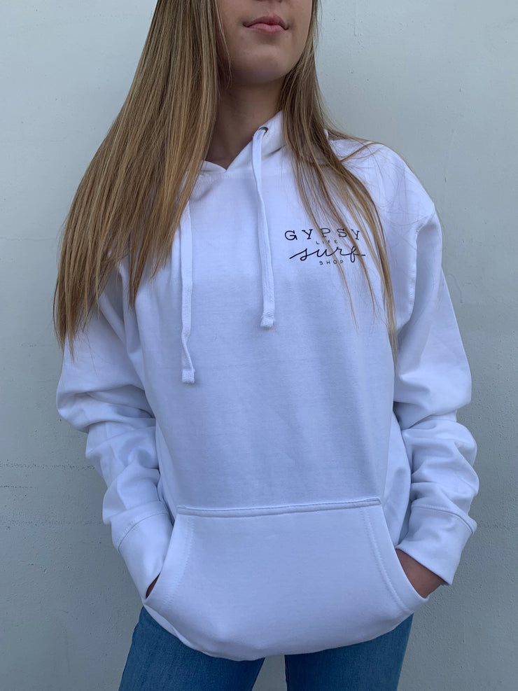 Gypsy Life Surf Shop - VW Van Vibes with Stacked Logo - Long Sleeve Hoodie - White - Independent