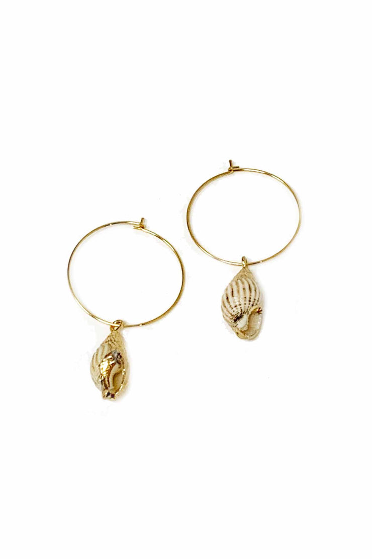 Gypsy Life Periwinkle Shell Hoop Earrings - Cream and Brown with Gold Accent