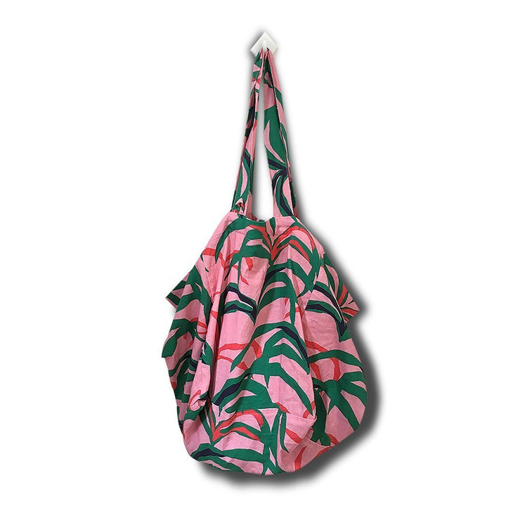 Linen Tote Bag with Palm Print - Pink