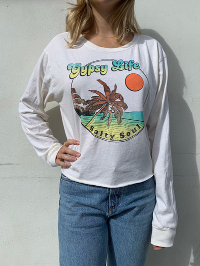 Gypsy Life Surf Shop - Cropped Ringspun L/S Tee - Ferngully Beach/Palms - Ivory